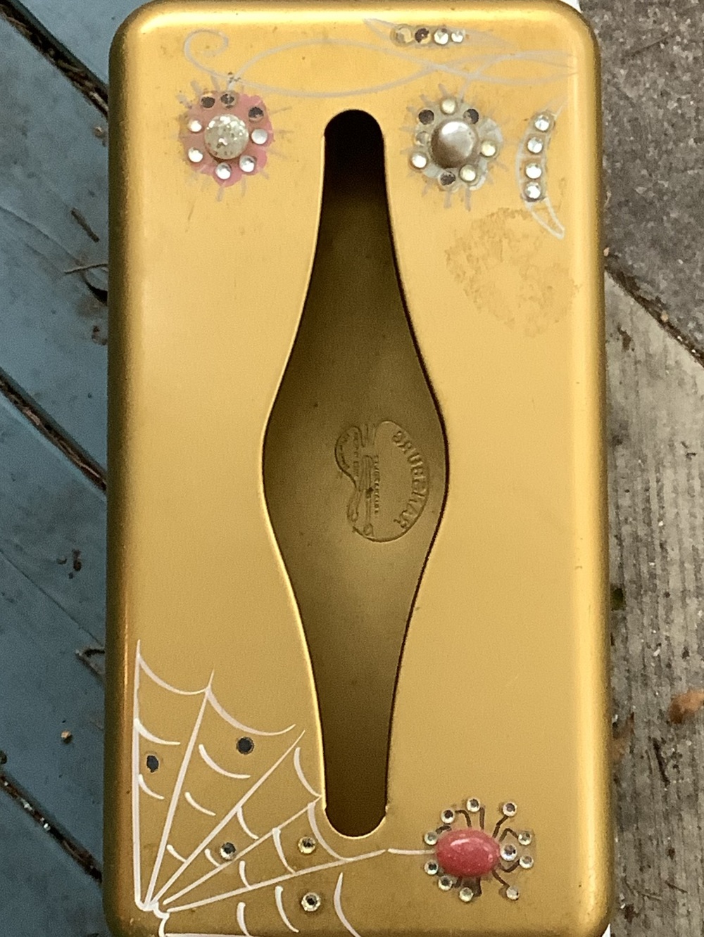 Vintage Ransburg Gold Tone Metal Tissue Box Holder Rhinestone Spiders and Web